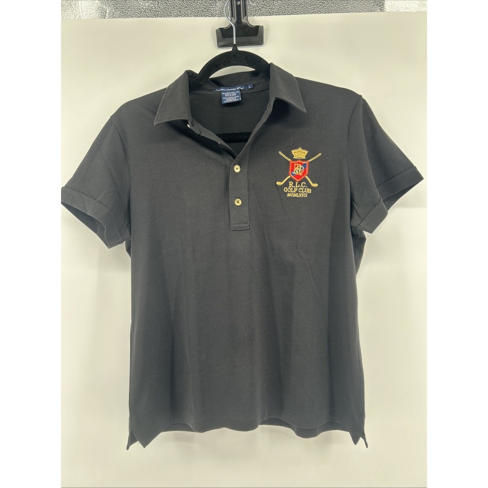 Women's Ralph Lauren Golf Black Polo Shirt Embroidered Crest RLC Golf Club Sz L